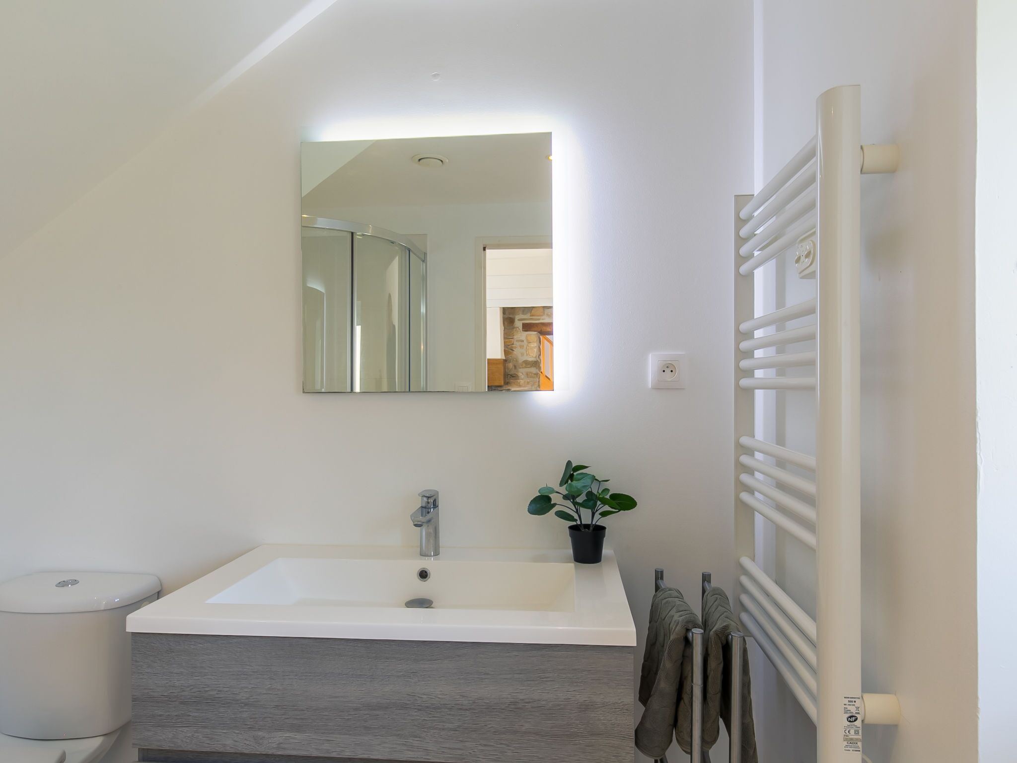 Une salle de bain moderne avec un lavabo blanc, un miroir et une plante en pot.