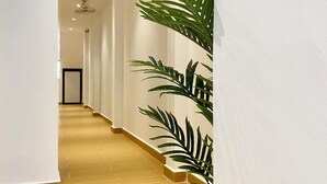 Un pasillo moderno con suelo de madera, paredes blancas y plantas verdes.