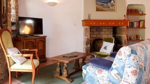 Ein gemütliches Wohnzimmer mit Fernseher, Kamin, Bücherregal und einer komfortablen Sitzecke.