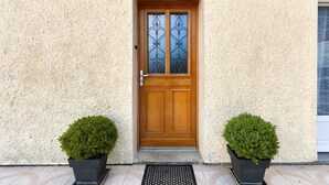 Una porta in legno con un pannello di vetro e decorazioni in metallo, affiancata da due piante in vaso su un pavimento piastrellato.