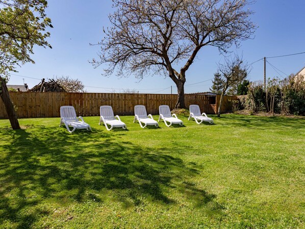 Ein Garten mit fünf weißen Liegestühlen, die in einer Reihe auf einer Rasenfläche angeordnet sind, einem Holzzaun und einem Baum mit wenigen Blättern.