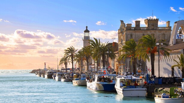 A harbor with boats docked, a historic building with a tower, and palm trees lining the waterfront. - Cap Med by Interhome (Le Grau du Roi)