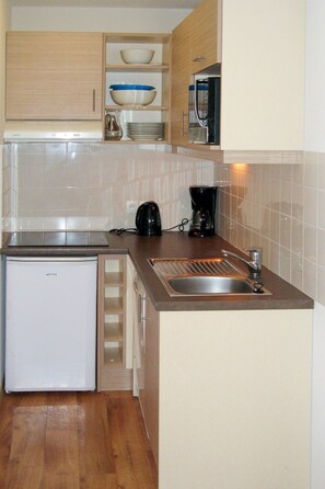 Fridge, microwave, dishwasher, cookware/dishes/utensils
