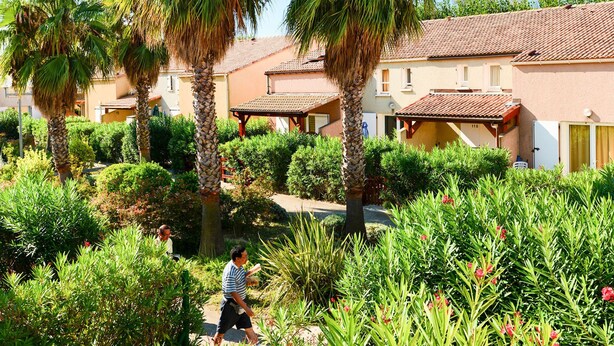 A courtyard with palm trees, a pathway, and a building with a tiled roof. - Odalys Essentielle Le Grand Bleu by Interhome (Valras Plage)