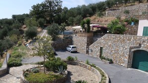 A stone-walled building with a green door, a paved driveway, and a small garden area with various plants. - Samuele by Interhome (Civezza)