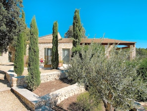 A stone house with a tiled roof, surrounded by olive trees and cypress trees.