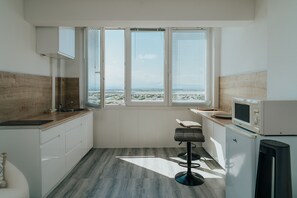 Fridge, microwave, coffee/tea maker, electric kettle