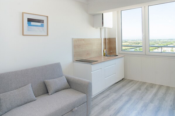A modern kitchen with a built-in stove, a window with a view of a river, and a grey sofa.