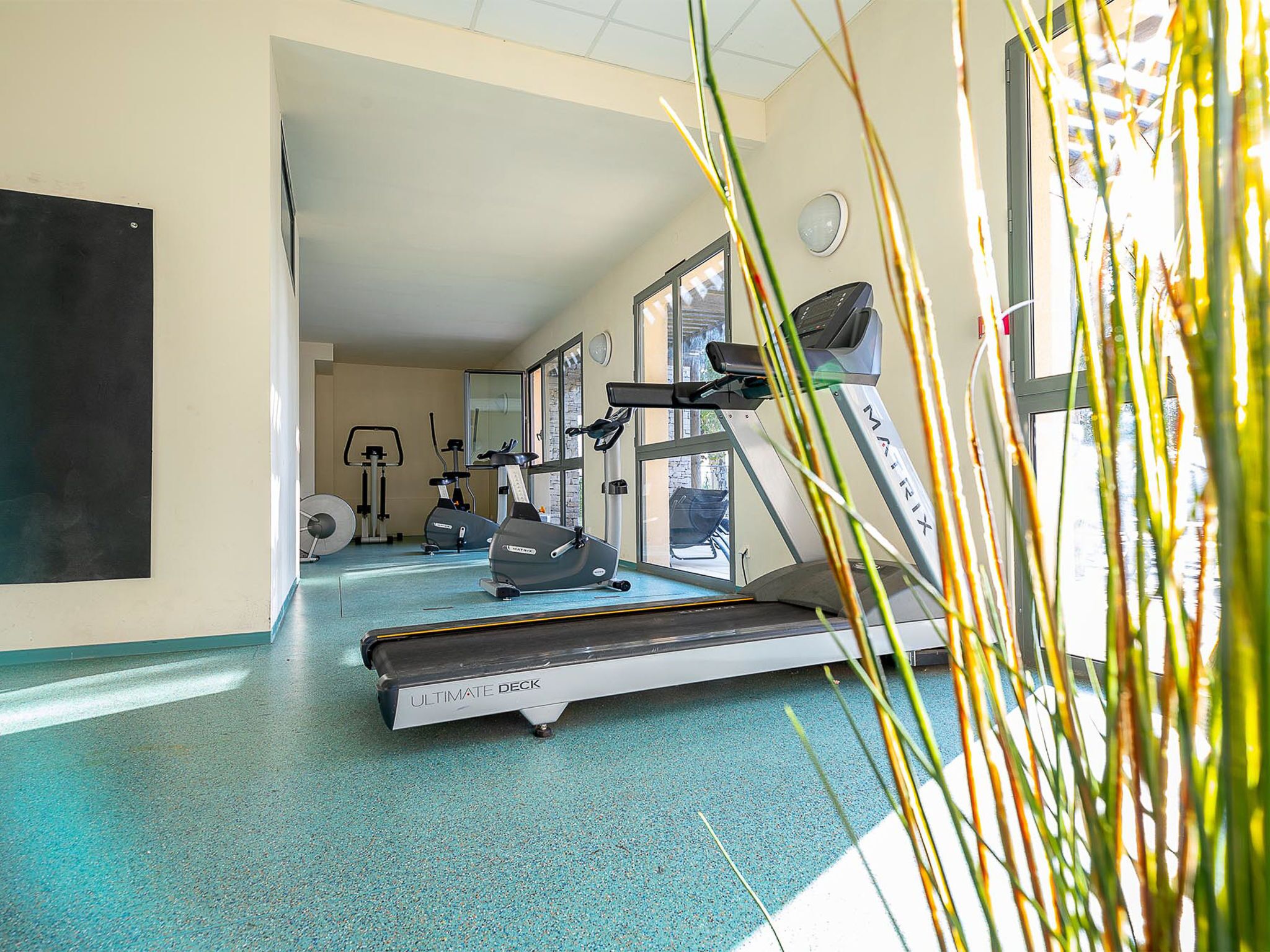 A gym with treadmills, exercise bikes, and a mirrored wall.