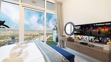 1 bedroom, desk, iron/ironing board, travel cot