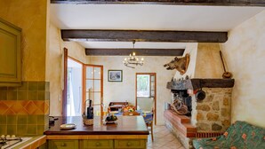 Una cocina rústica con una isla de madera, una chimenea de piedra y un sofá verde.