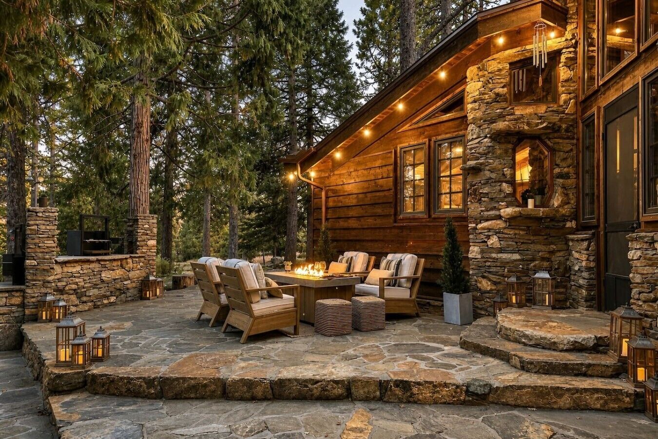 A log cabin with stone walls, a fire pit, outdoor seating, and lanterns.