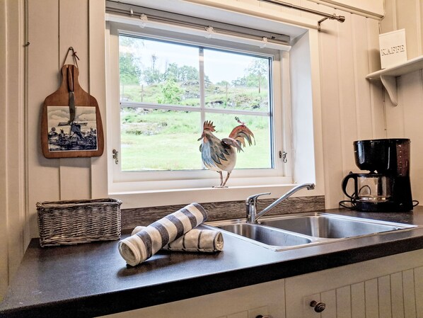 A kitchen with a window, a rooster decoration, a coffee maker, and a woven basket. - Nedregård by Interhome (Farsund)