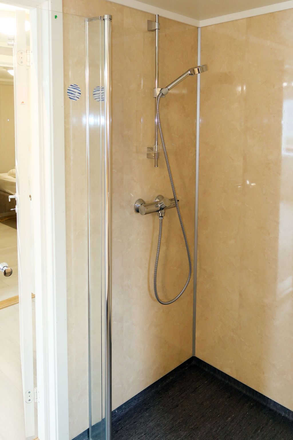 Une douche fermée par des parois en verre, dotée d’un pommeau de douche à main et d’un robinet mural.