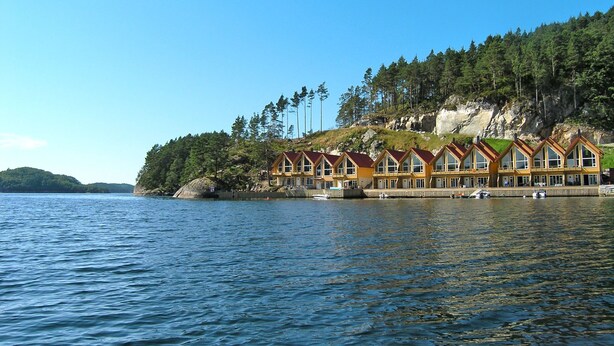 A row of wooden cabins with large windows, situated by a lake with a forested hill in the background.