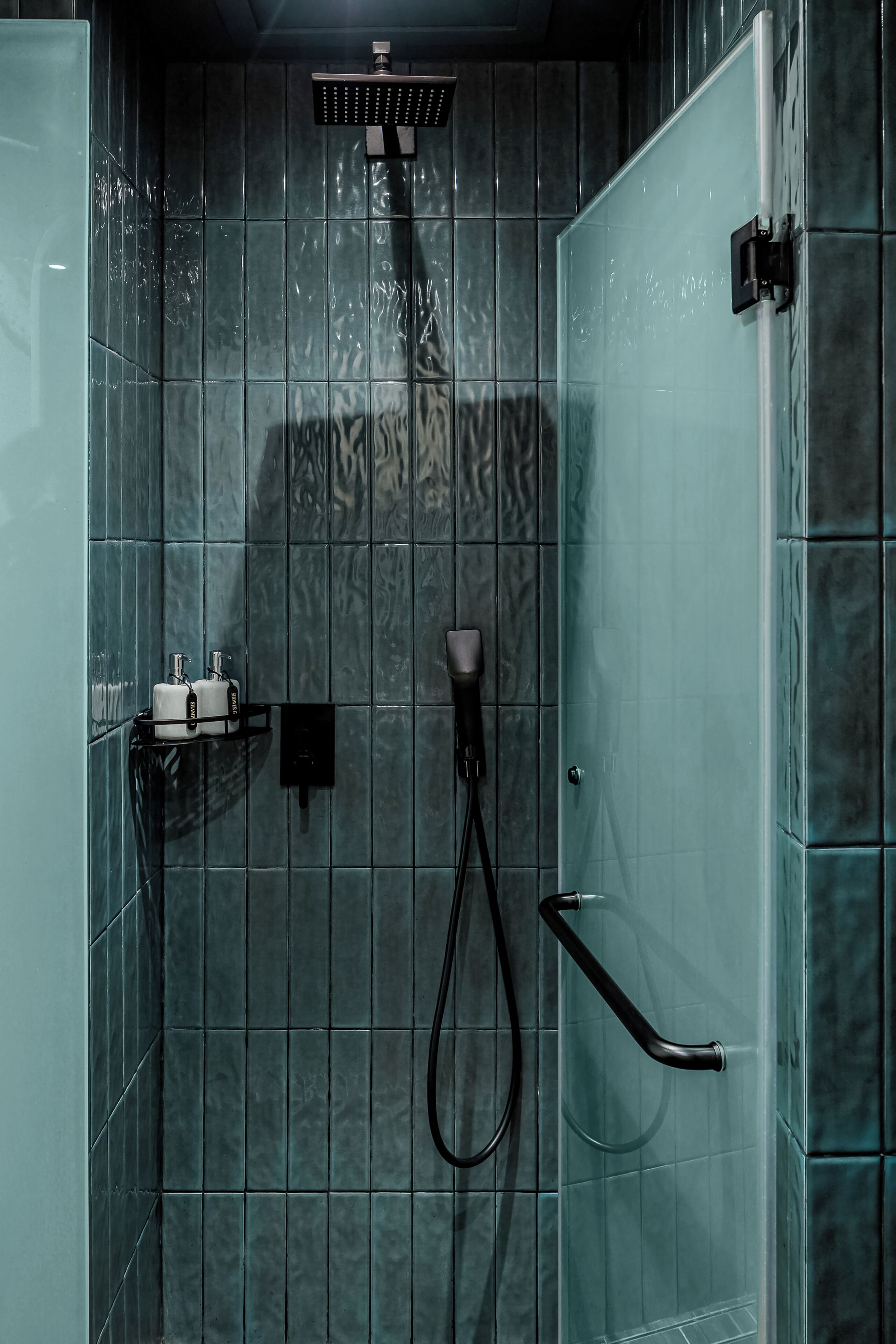 Una zona de ducha con puerta de cristal, ducha de mano y grifo empotrado.
