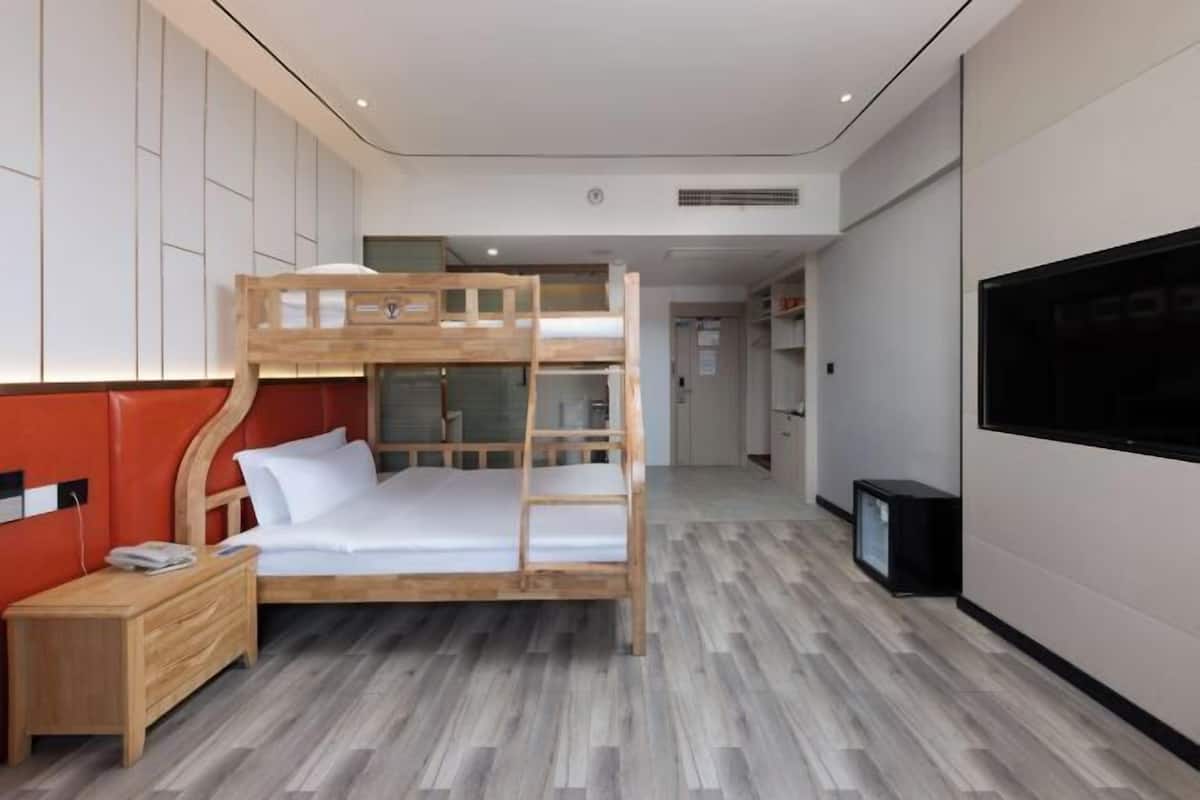 A bunk bed with a wooden ladder, a bedside table, a TV, and a wardrobe in a modern hotel room.
