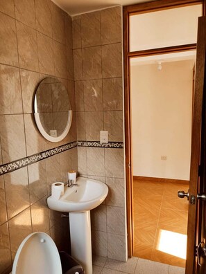 Bidet, towels, soap, shampoo