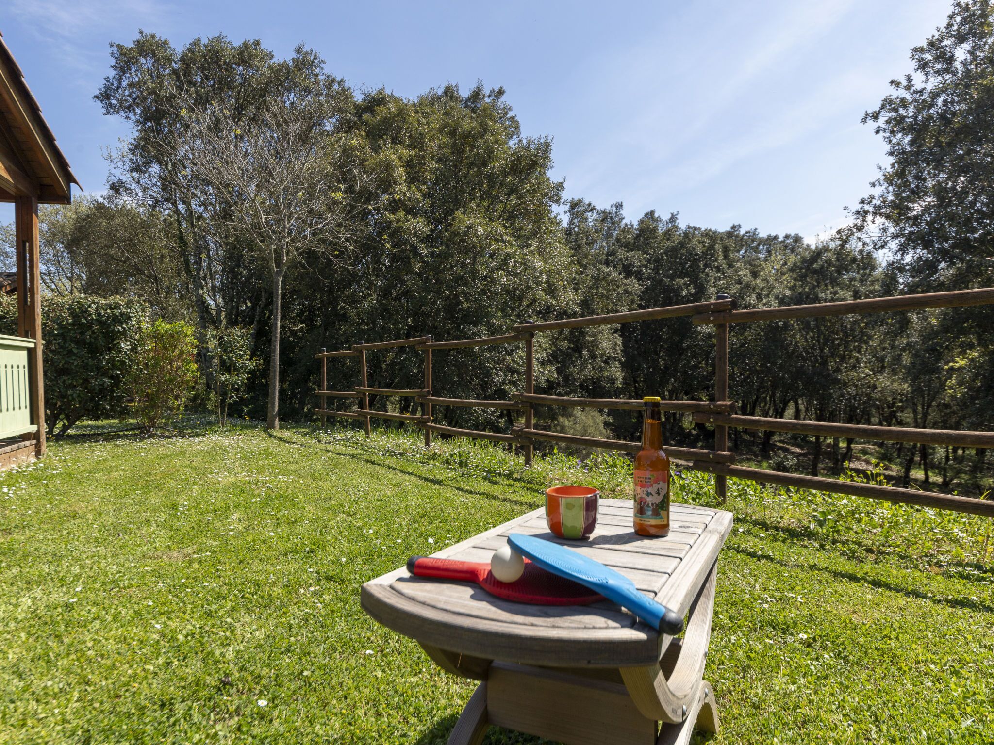 Una mesa de madera con una botella, un pincel y un cuenco en un espacio al aire libre con césped, una valla de madera y árboles al fondo.