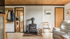 Un salon chaleureux avec un poêle à bois, un canapé et un fauteuil.