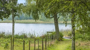 A natural landscape with a lake, trees, and a wooden fence.