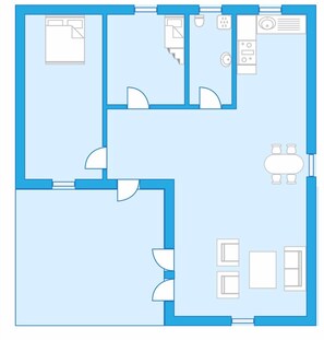 A floor plan of a hotel with a kitchen, dining area, two bedrooms, and a bathroom.