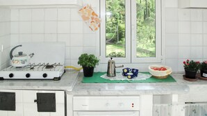 Een keuken met een gasfornuis, een waterkoker, een koffiezetapparaat, een potplant en een raam met uitzicht op groen.