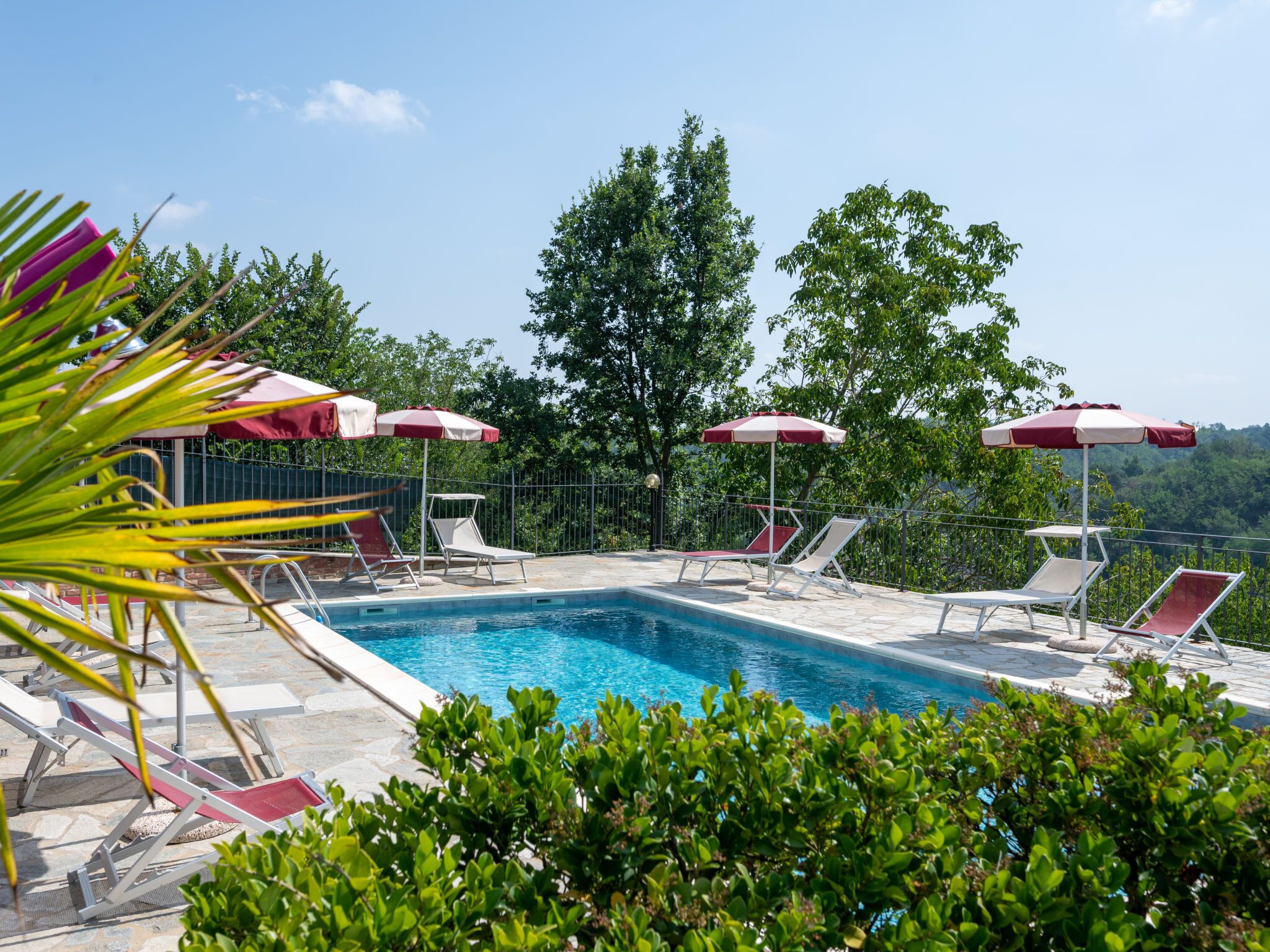 Uma área de piscina com espreguiçadeiras e guarda-sóis, cercada por vegetação e árvores.