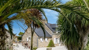 A stone house with a gravel driveway, surrounded by lush greenery and palm trees.