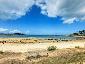 A beach with clear skies, calm water, and distant landforms.