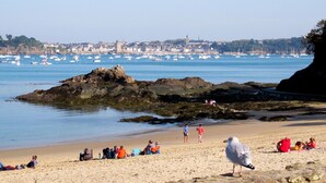 A beach with people sitting and walking, a seagull, and boats in the background. - Bella Vista by Interhome (Saint Suliac)