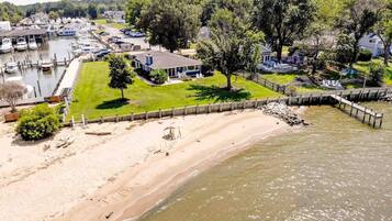 On the beach, sun loungers