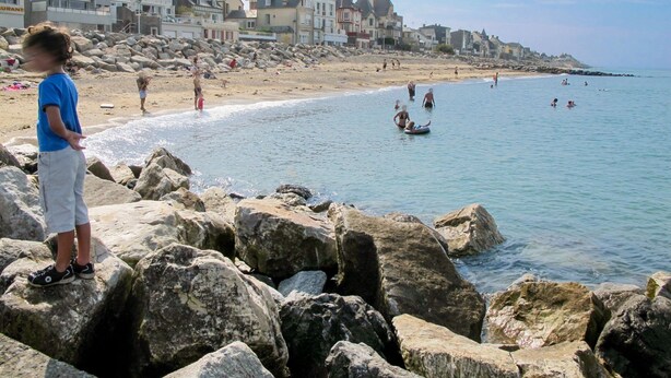 A coastal beach with large rocks in the foreground and buildings in the background. - Vacation home Néroli by Interhome (Hauteville sur Mer)