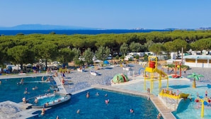 Un vaste espace extérieur doté d’une grande piscine et de plusieurs autres bassins, ainsi que d’une aire de jeux aquatiques, le tout entouré d’arbres et agrémenté de commodités en bord de plage.