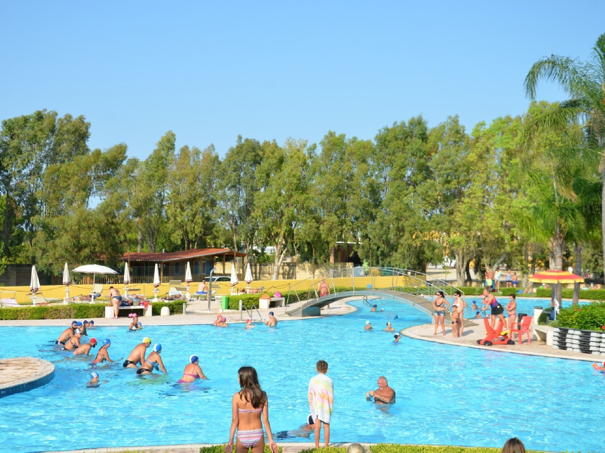 Zona de piscina amb diverses línies, gandules i ombrelles.