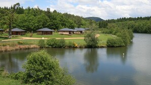 Propiedad junto al lago con varias cabañas, un área de picnic techada y vistas al lago y las colinas boscosas.