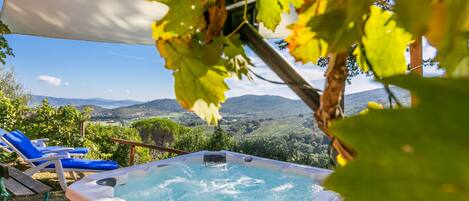 A hot tub with a view of a vineyard and hills in the background.