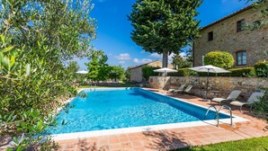 A rectangular swimming pool with a stone border, surrounded by a grassy lawn and trees.