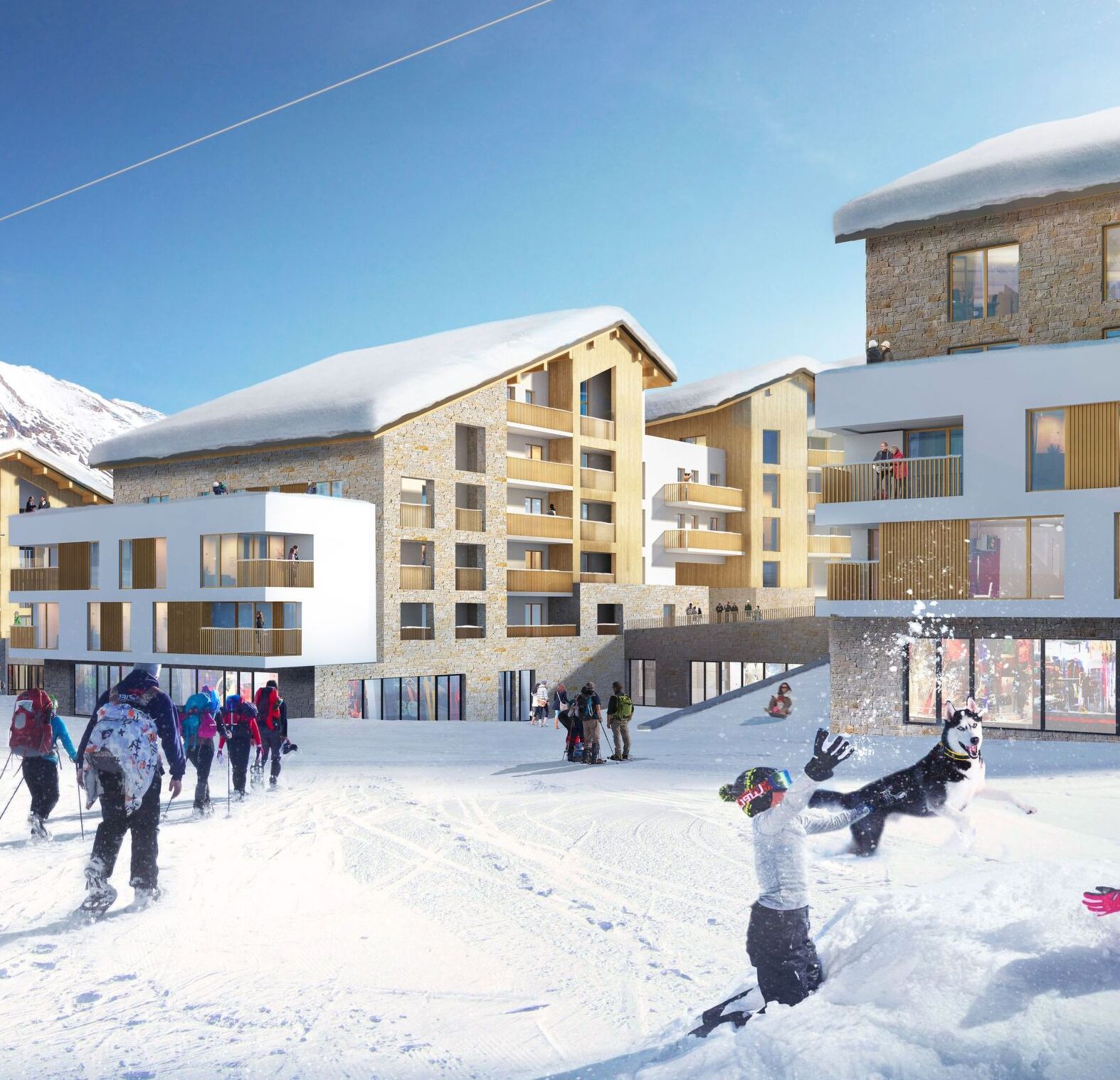 A modern ski resort with multi-story buildings, ski slopes, and a ski lift.