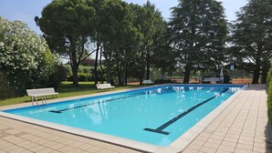 Piscina retangular com deck revestido, cercada por árvores e bancos.