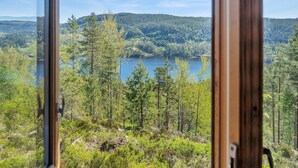 Une vue à travers une fenêtre sur une zone boisée, avec un lac et des collines en arrière-plan.