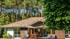Una casa con piscina, mobili da esterno e vista sugli alberi.