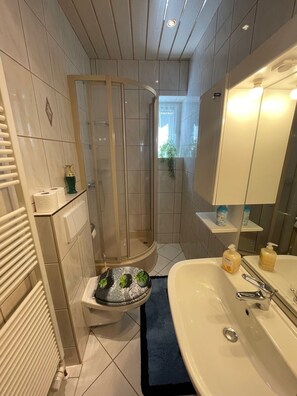 Shower, towels, soap, toilet paper