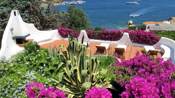 A coastal view with a terrace, lounge chairs, and bougainvillea flowers. - Hibiscus by Interhome (Palau)