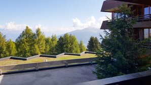 Une vue depuis un balcon donnant sur un paysage montagneux, avec des arbres et un ciel dégagé.
