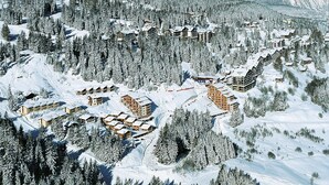 A snow-covered mountain resort with multiple chalet-style buildings, dense forest, and a clear sky. - Sérandes 18 by Interhome (Thyon-Les Collons)