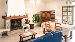Un salon avec une cheminée, une table à manger avec des chaises, un canapé bleu et une plante en pot.