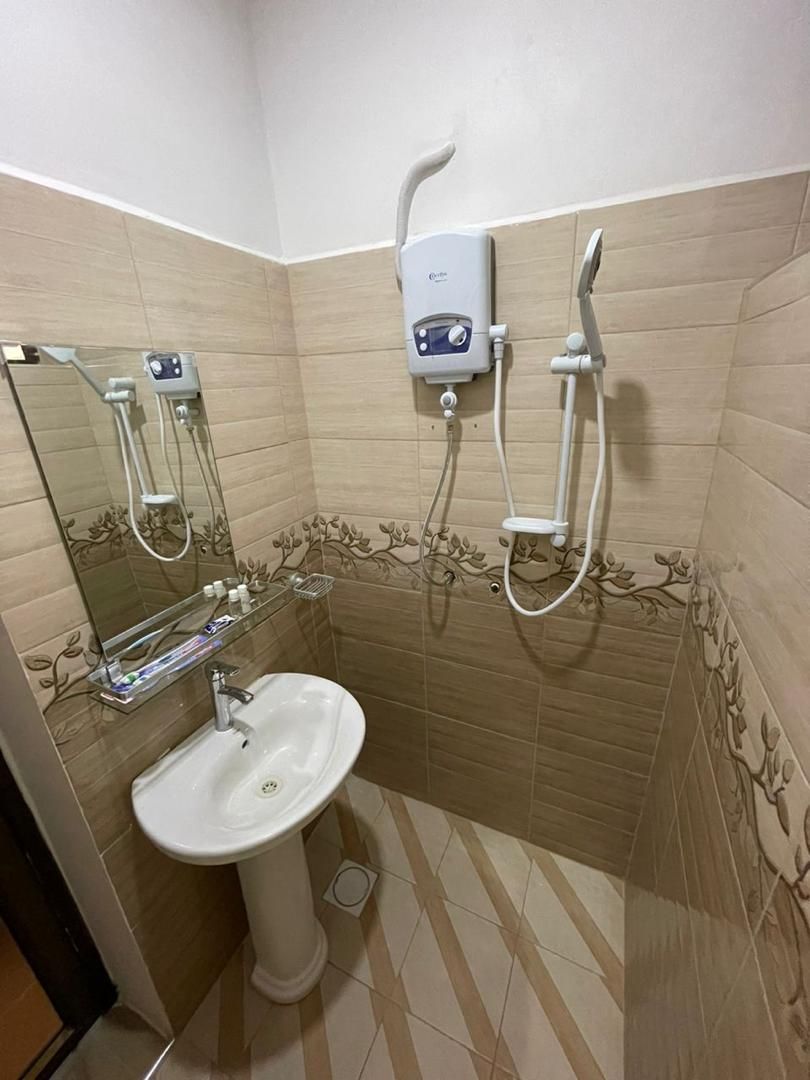 A bathroom with a pedestal sink, a mirror, a handheld showerhead, and a wall-mounted faucet.
