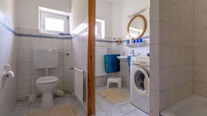 Une salle de bain équipée de toilettes, d’un lave-linge, d’un lavabo et d’un miroir.