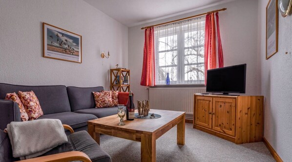 Un salon avec un canapé, une table basse, un téléviseur et une fenêtre avec des rideaux.